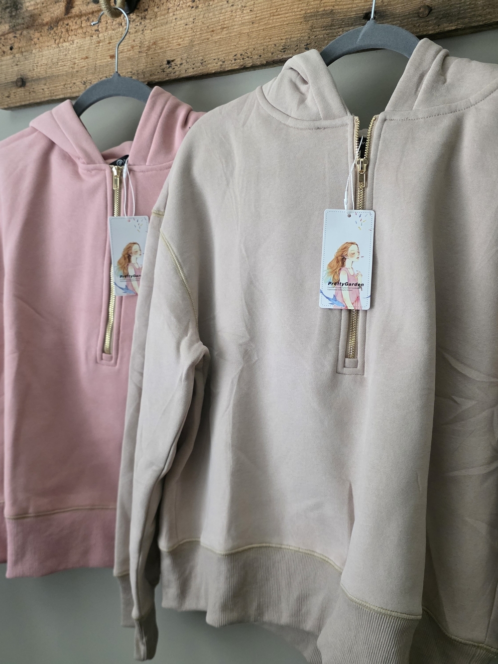Half-Zip Hooded Sweatshirt - Blush Pink & Taupe